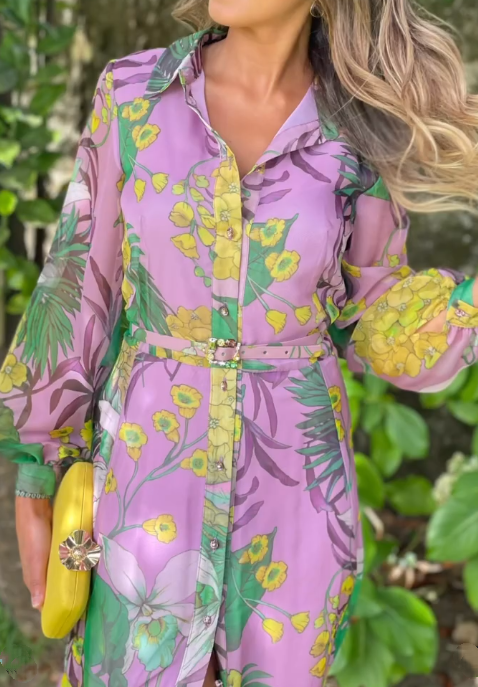 Demure Chiffon Floral Shirt Dress