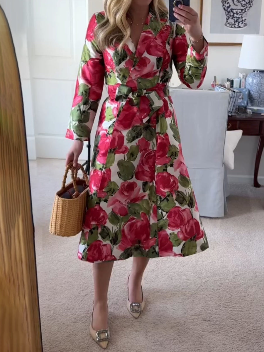 Lapel Notch Collar Printed Midi Wrap Dress