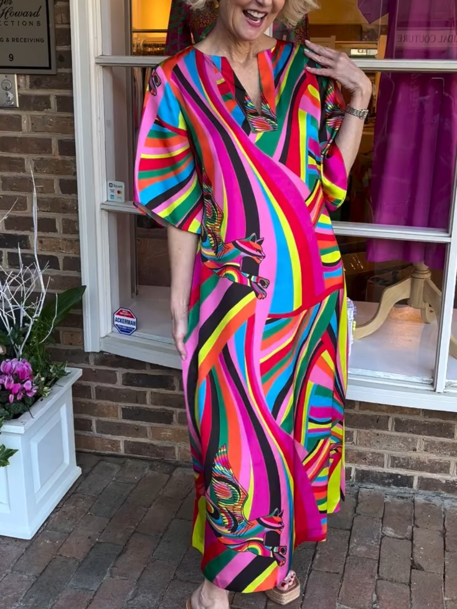 Cozy And Colorful V-neck Printed Maxi Dress