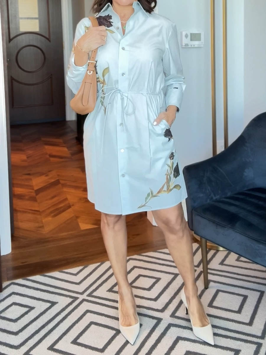 Printed Self-tie Belt Shirt Mini Dress