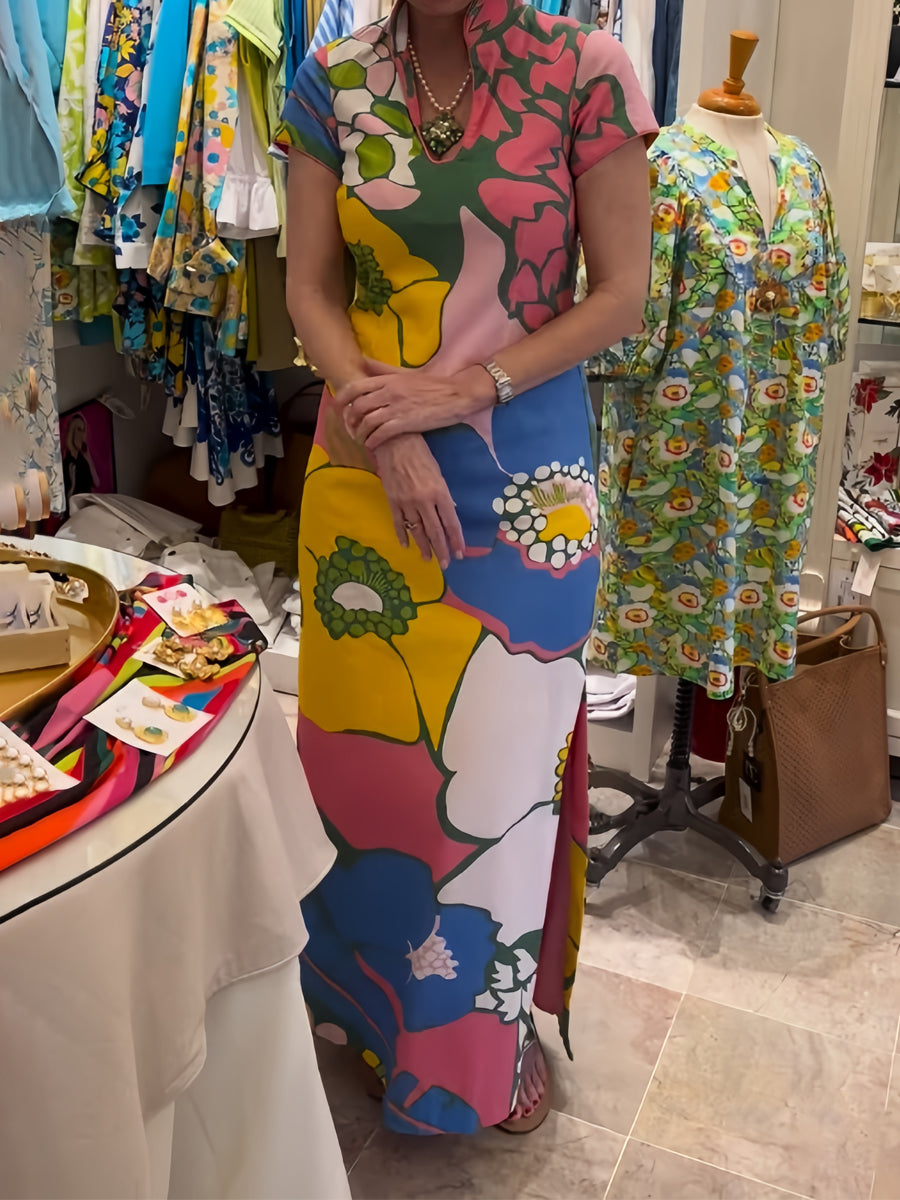 Printed Slit Hem V Neck Maxi Dress