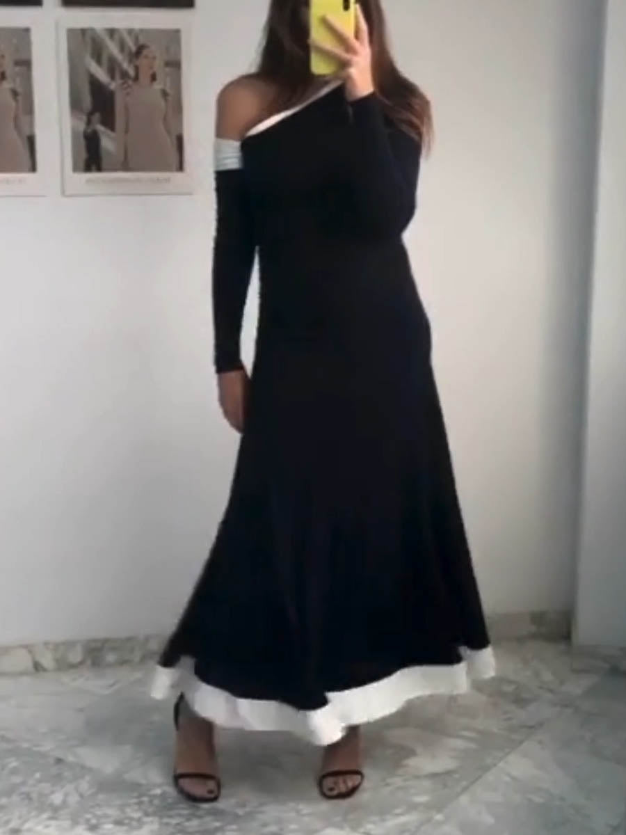 Skew Neck Color Block Maxi Dress