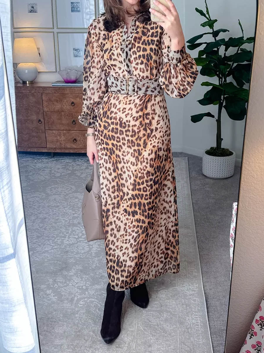 Belted Leopard Print Shirt Dress