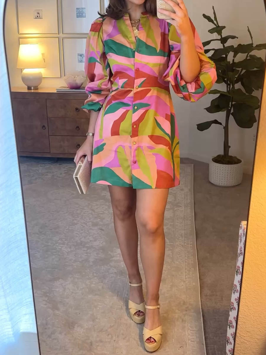 Printed Button Up Puff Sleeve Dress