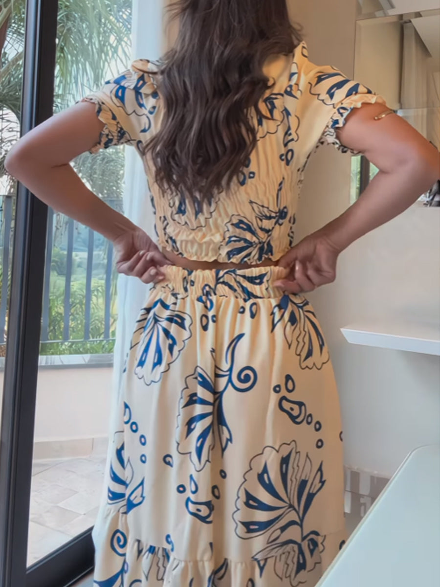 Square Collar Printed Two Pieces Dress