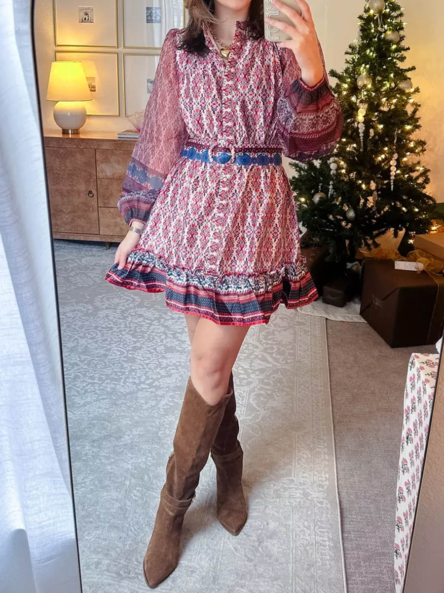 Printed Long Sleeve Belted Mini Dress