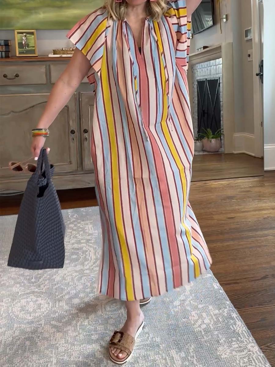 Striped Print V Neck Loose Dress