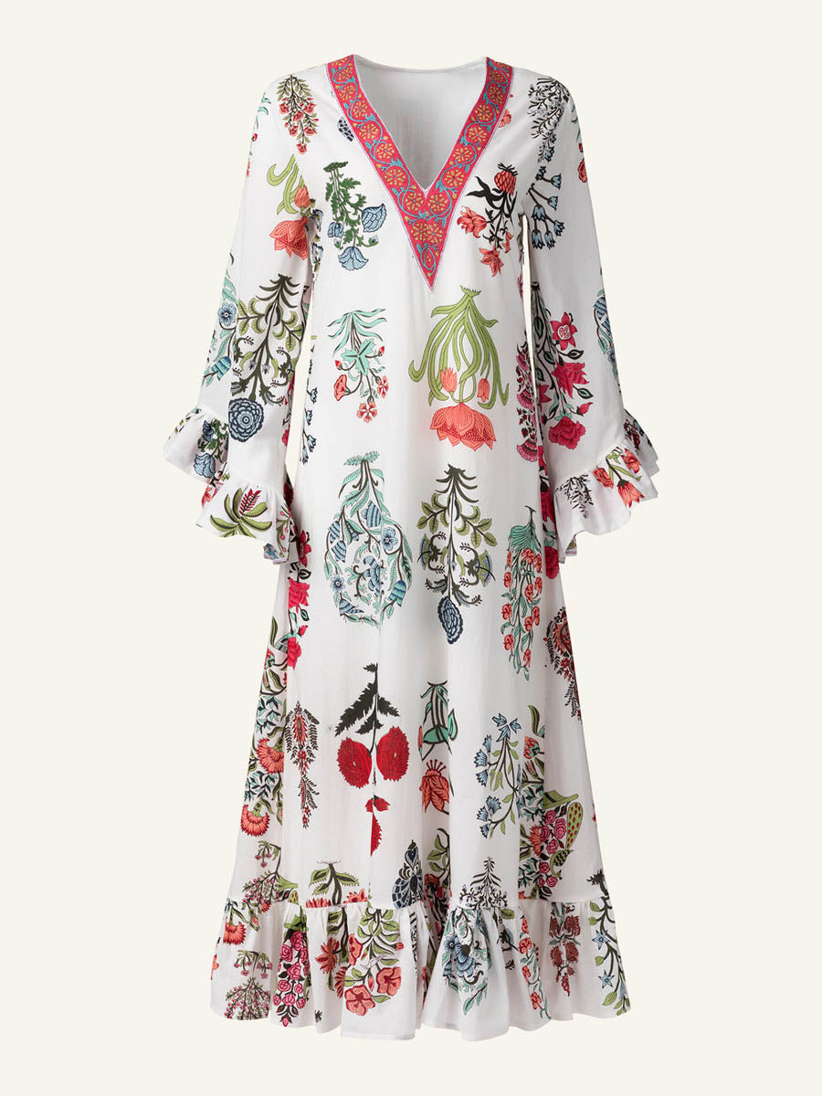 Floral Print Ruffled Cuffs V Neck Dress