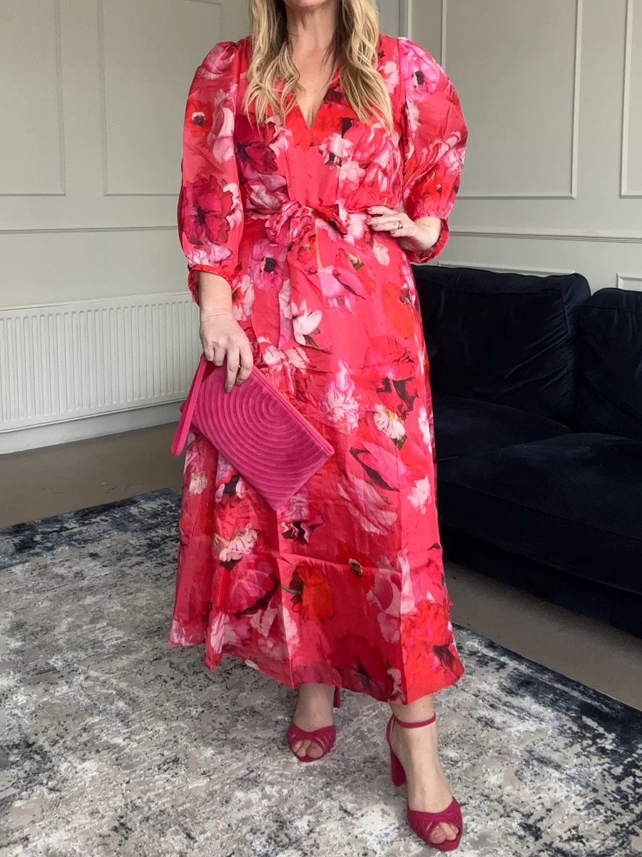 Printed V Neck Belted Midi Dress