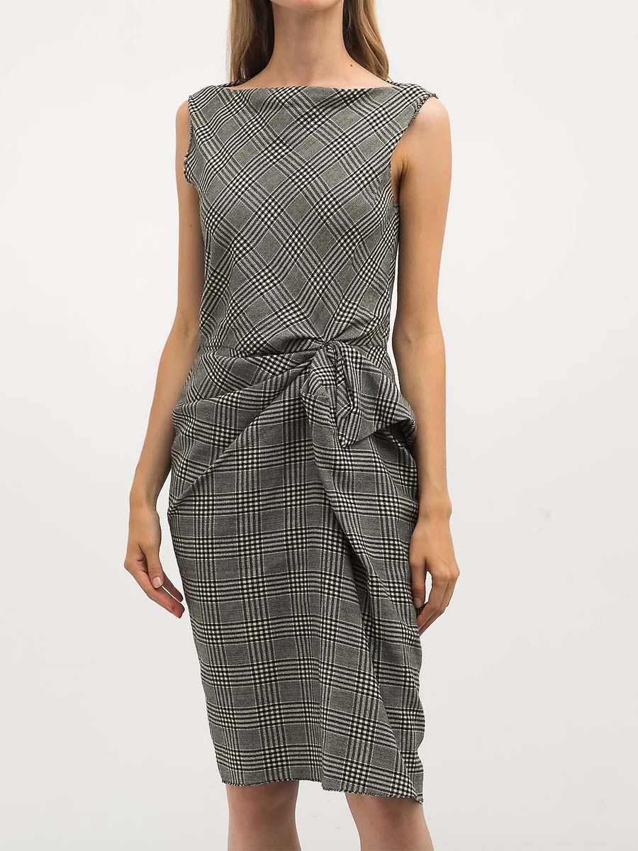 Plaid Print Knotted Midi Dress