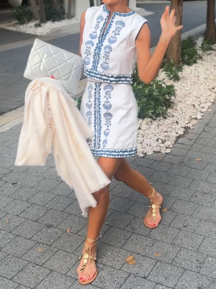 Placement Print Sleeve Two Pieces Dress