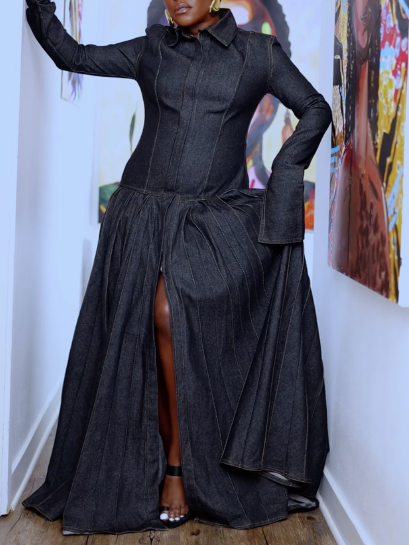 Denim Pleat-detail Maxi Dress