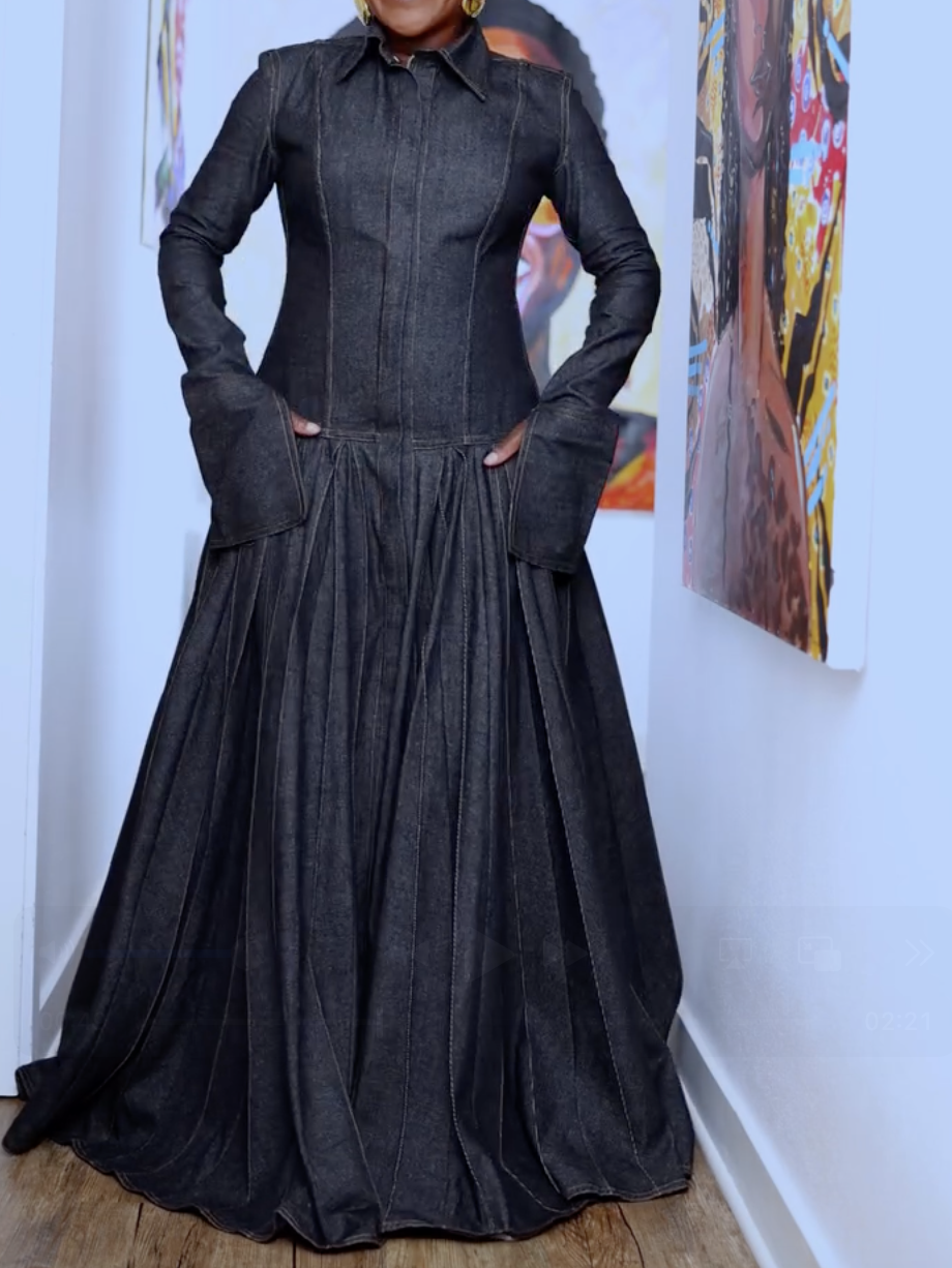 Denim Pleat-detail Maxi Dress