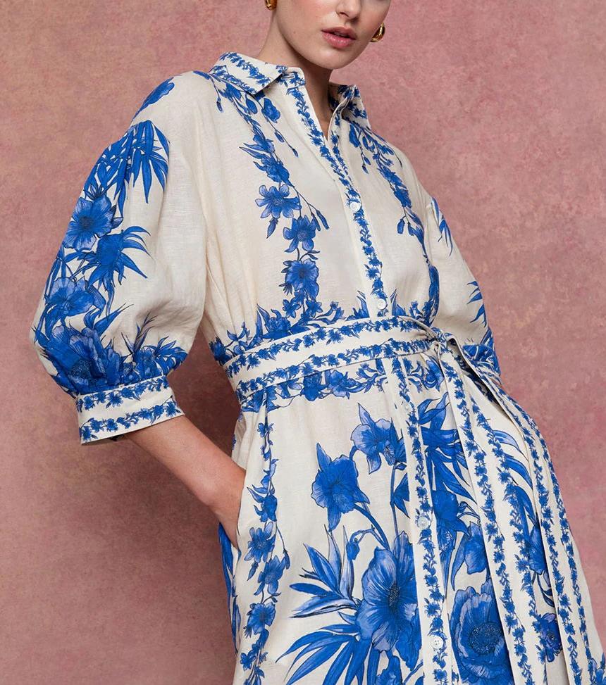 White Blue Linen Maxi Dress