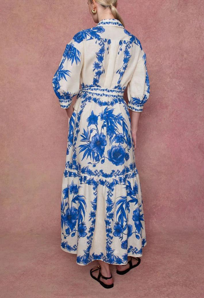 White Blue Linen Maxi Dress