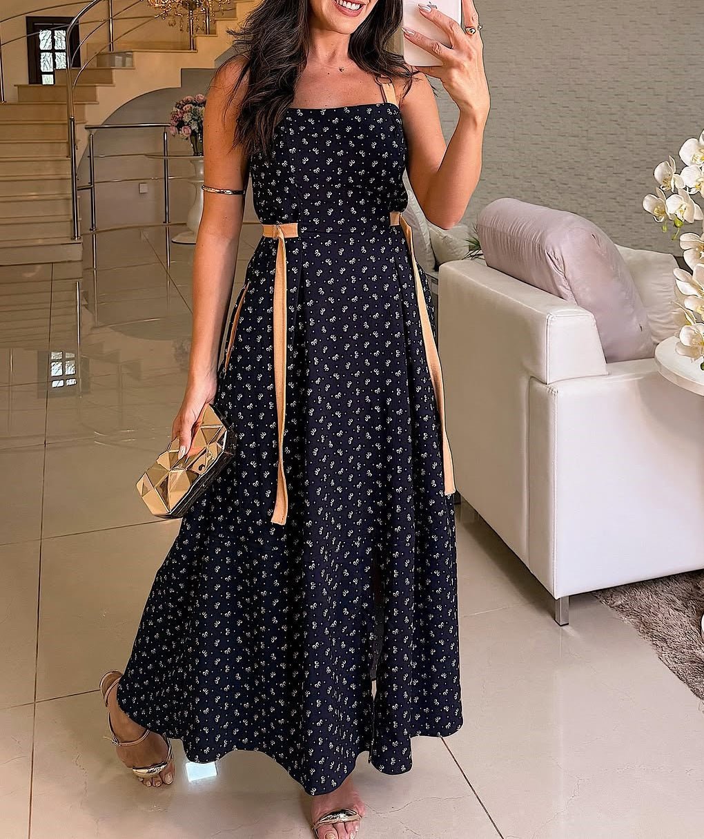 Ribbon Printed Maxi Dress