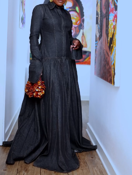 Denim Pleat-detail Maxi Dress