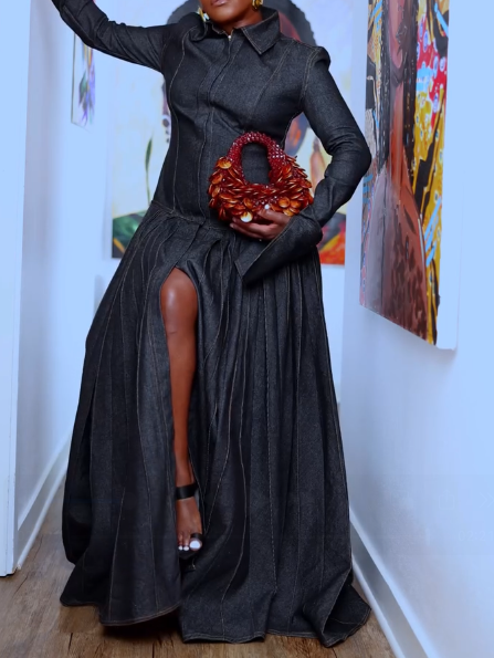 Denim Pleat-detail Maxi Dress