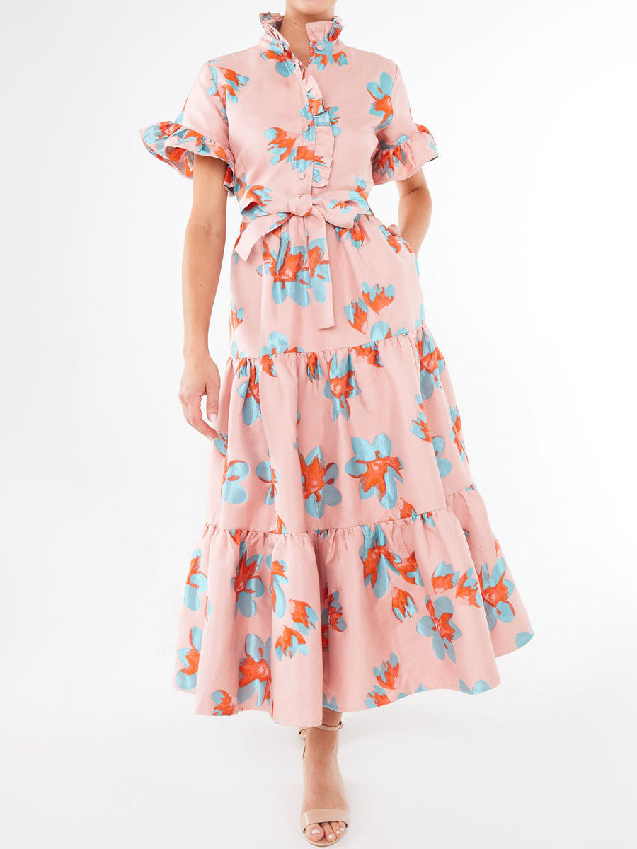 Ruffle Neck Short Ruffle Sleeve Printed Dress