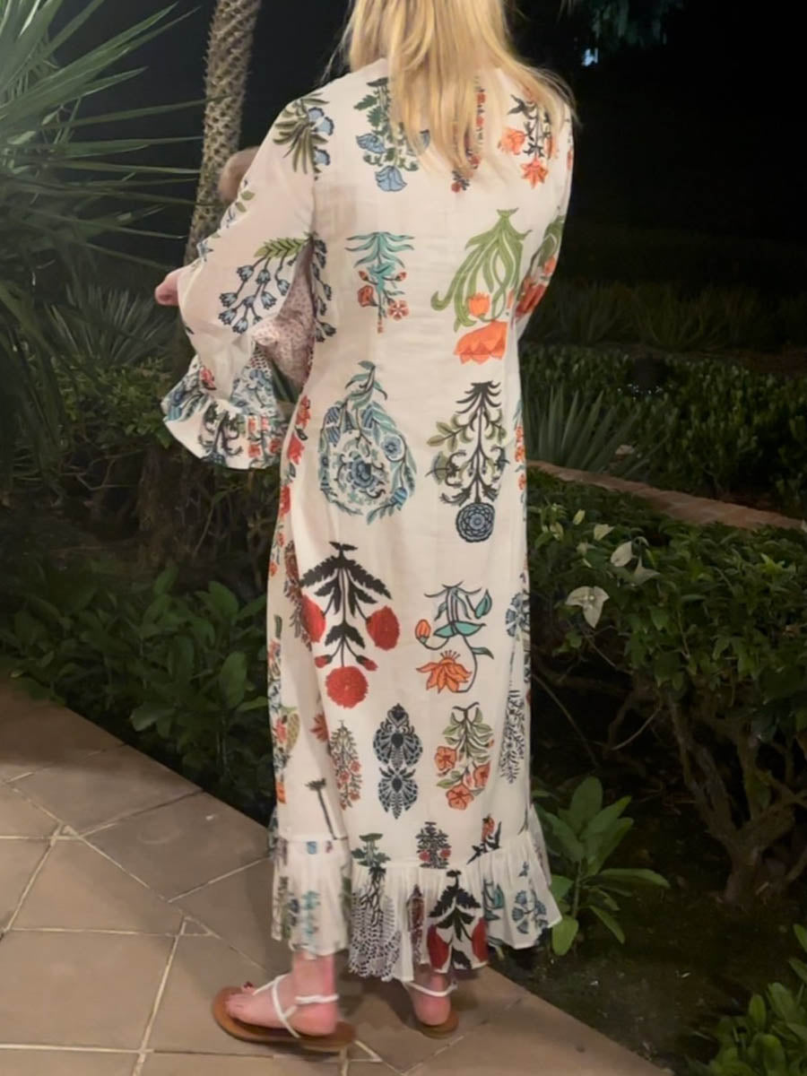 Floral Print Ruffled Cuffs V Neck Dress