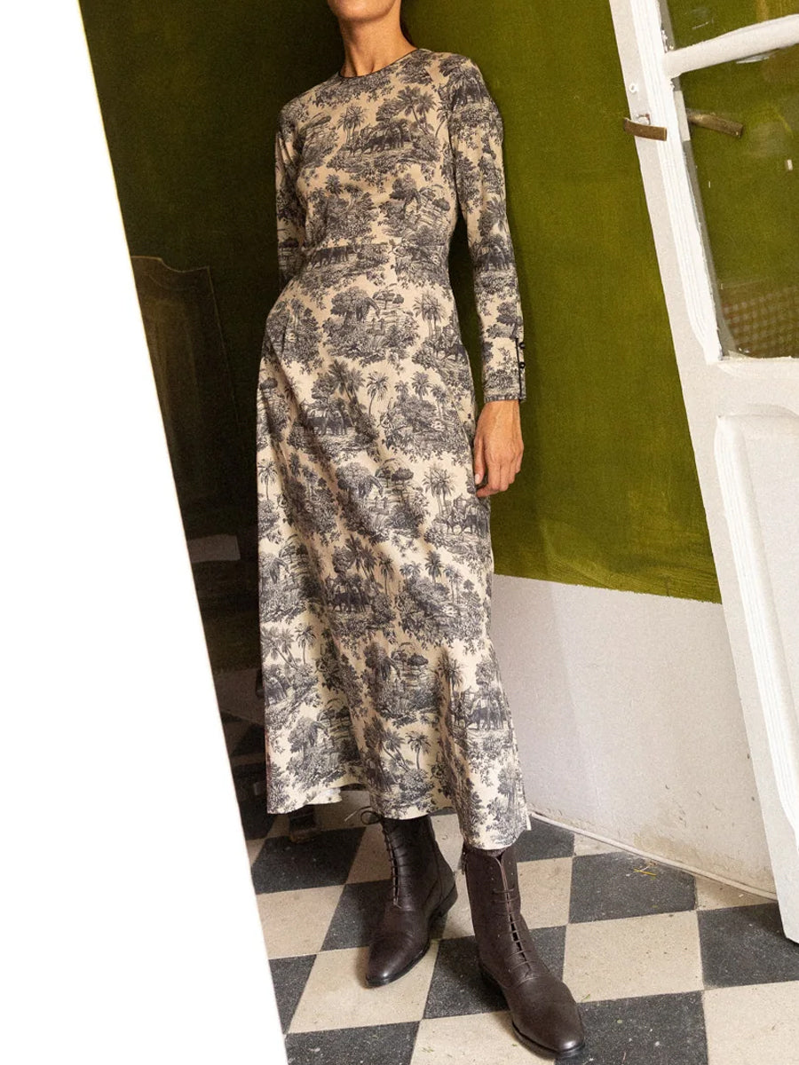 Elegant Printed Long Sleeve Round Neck A- Line Dress