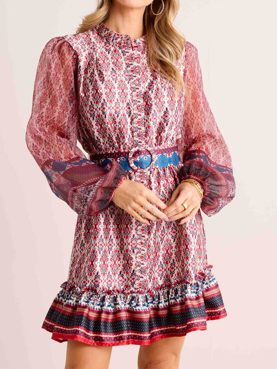 Printed Long Sleeve Belted Mini Dress
