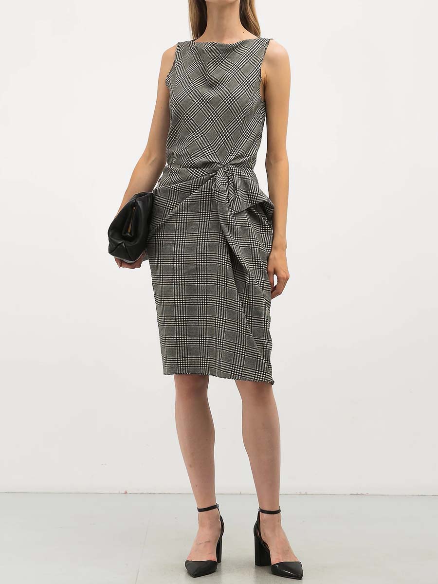 Plaid Print Knotted Midi Dress