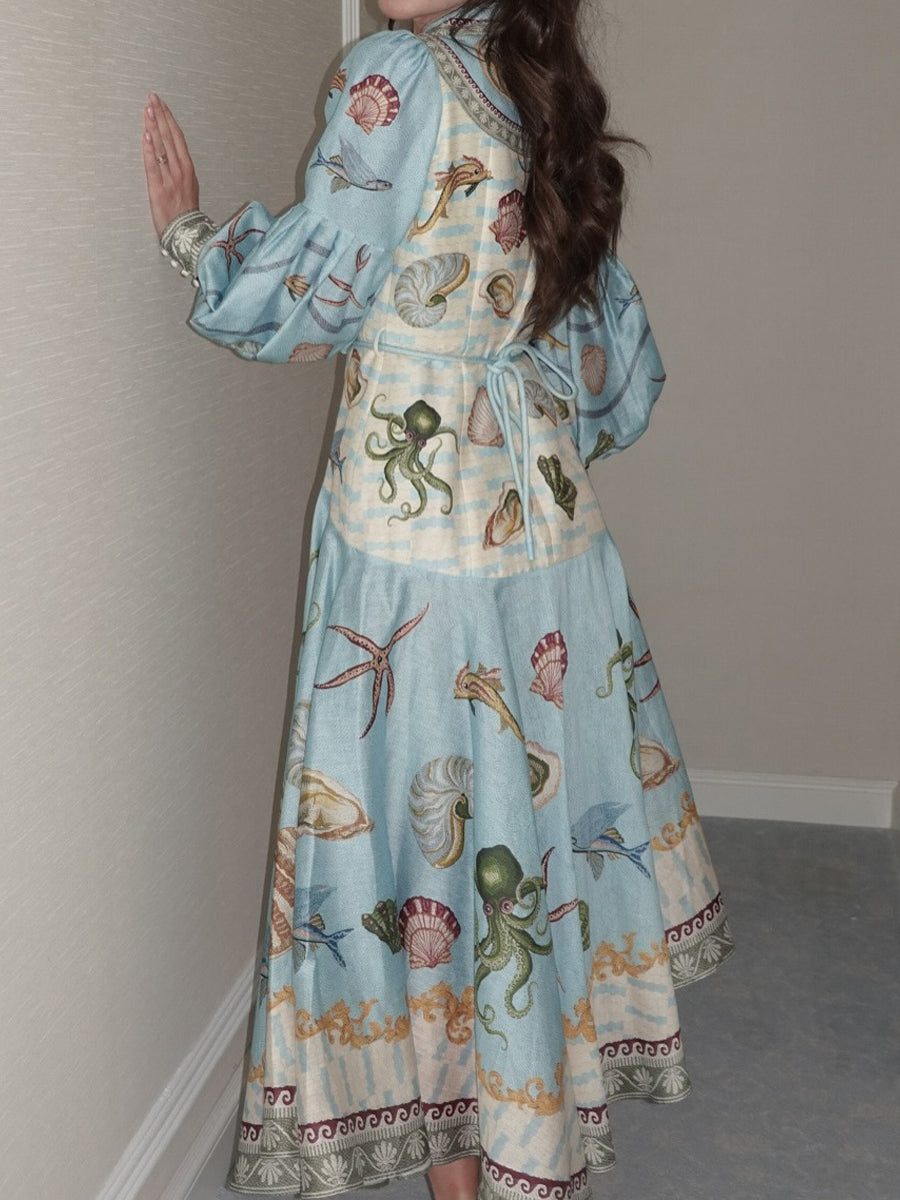 Elegant Lantern Sleeve Printed Maxi Dress