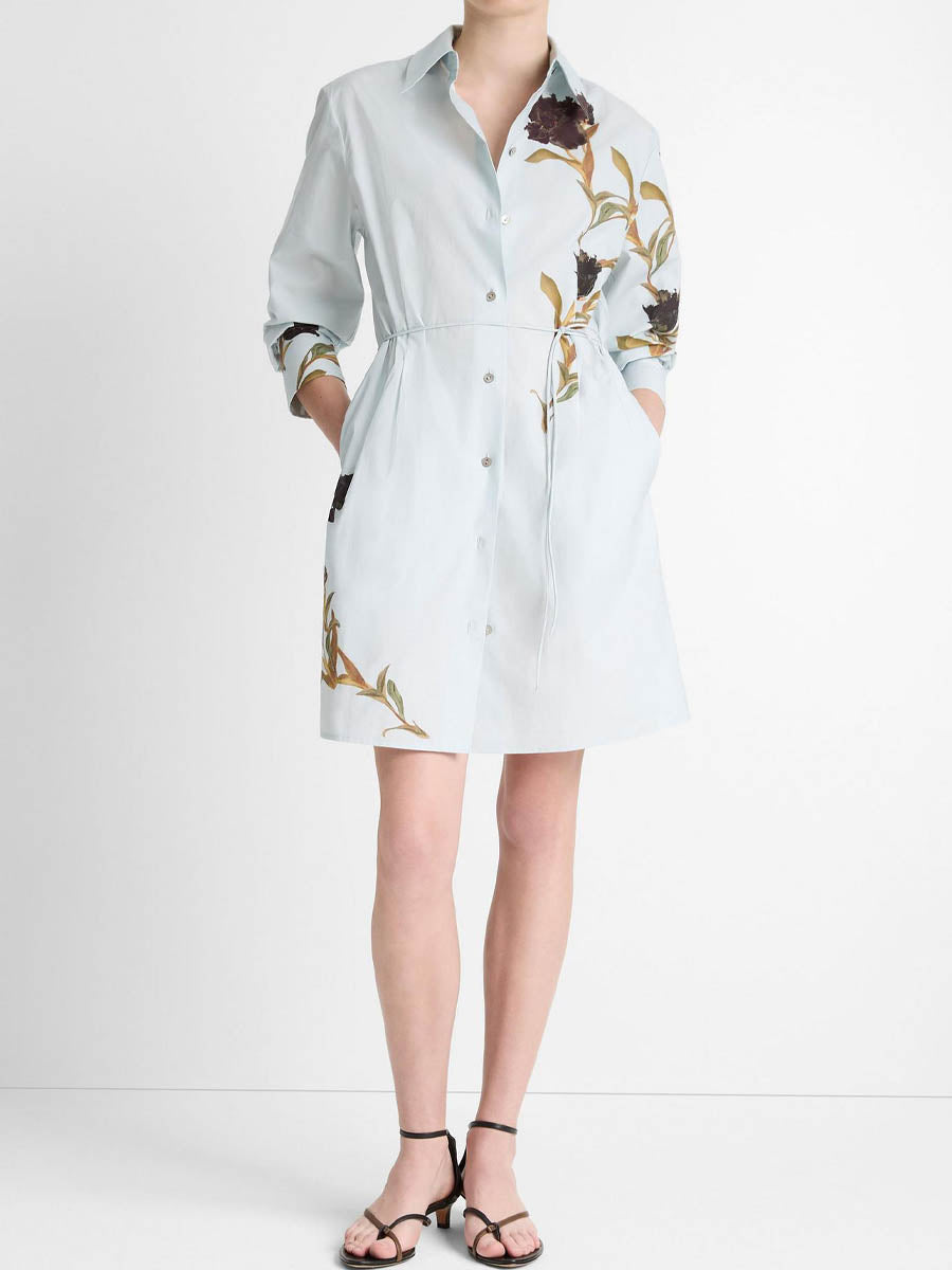 Printed Self-tie Belt Shirt Mini Dress