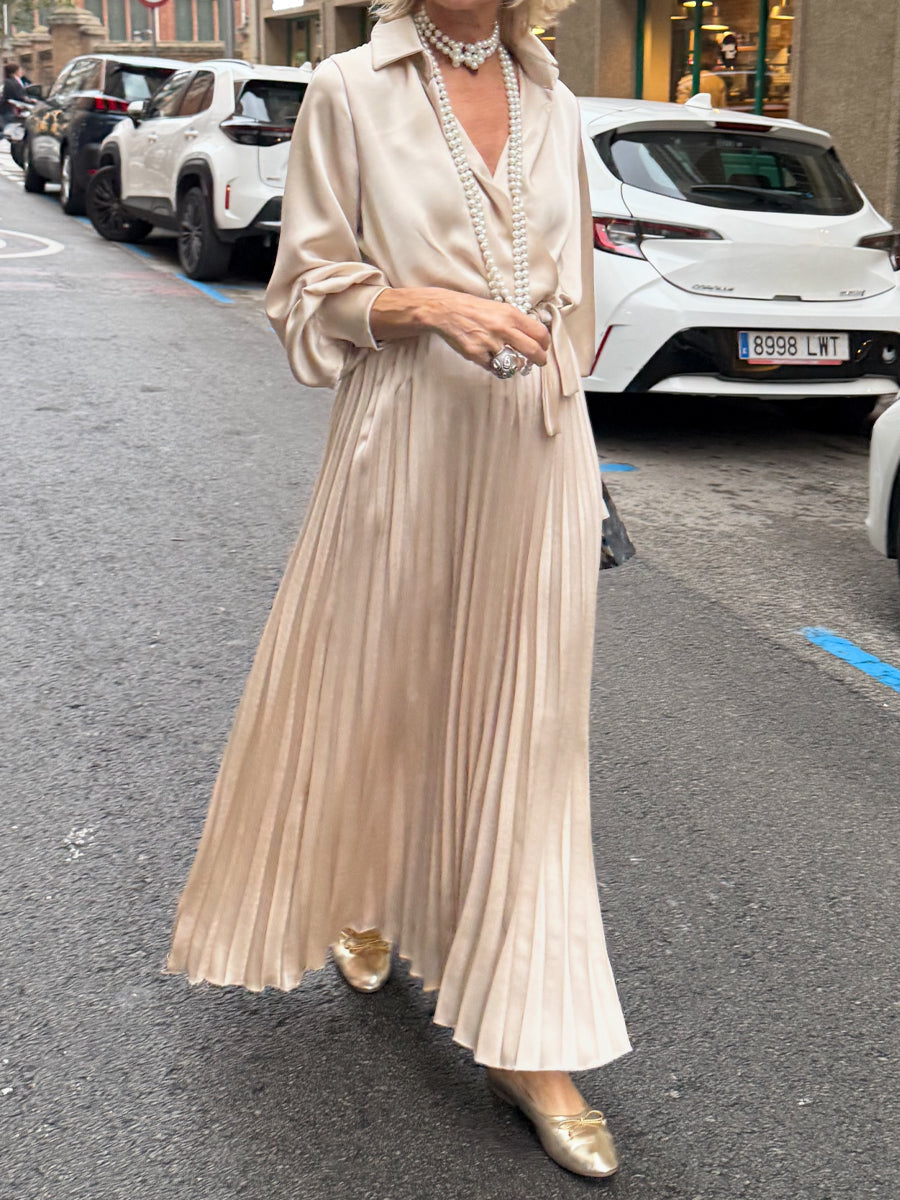 V Neck Belted Satin Dress