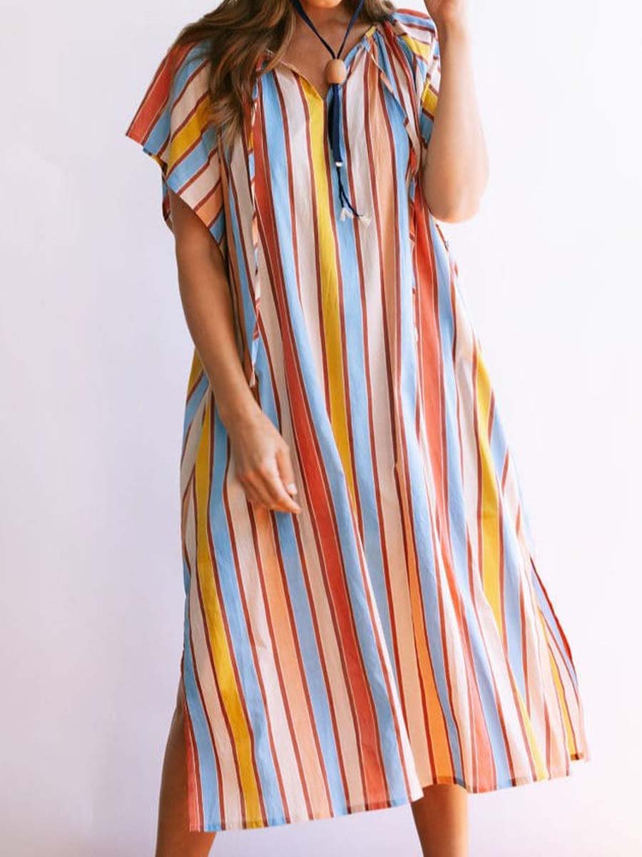 Striped Print V Neck Loose Dress