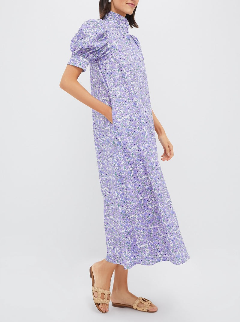 Purple Poppies Ruffle Collar Cotton Dress