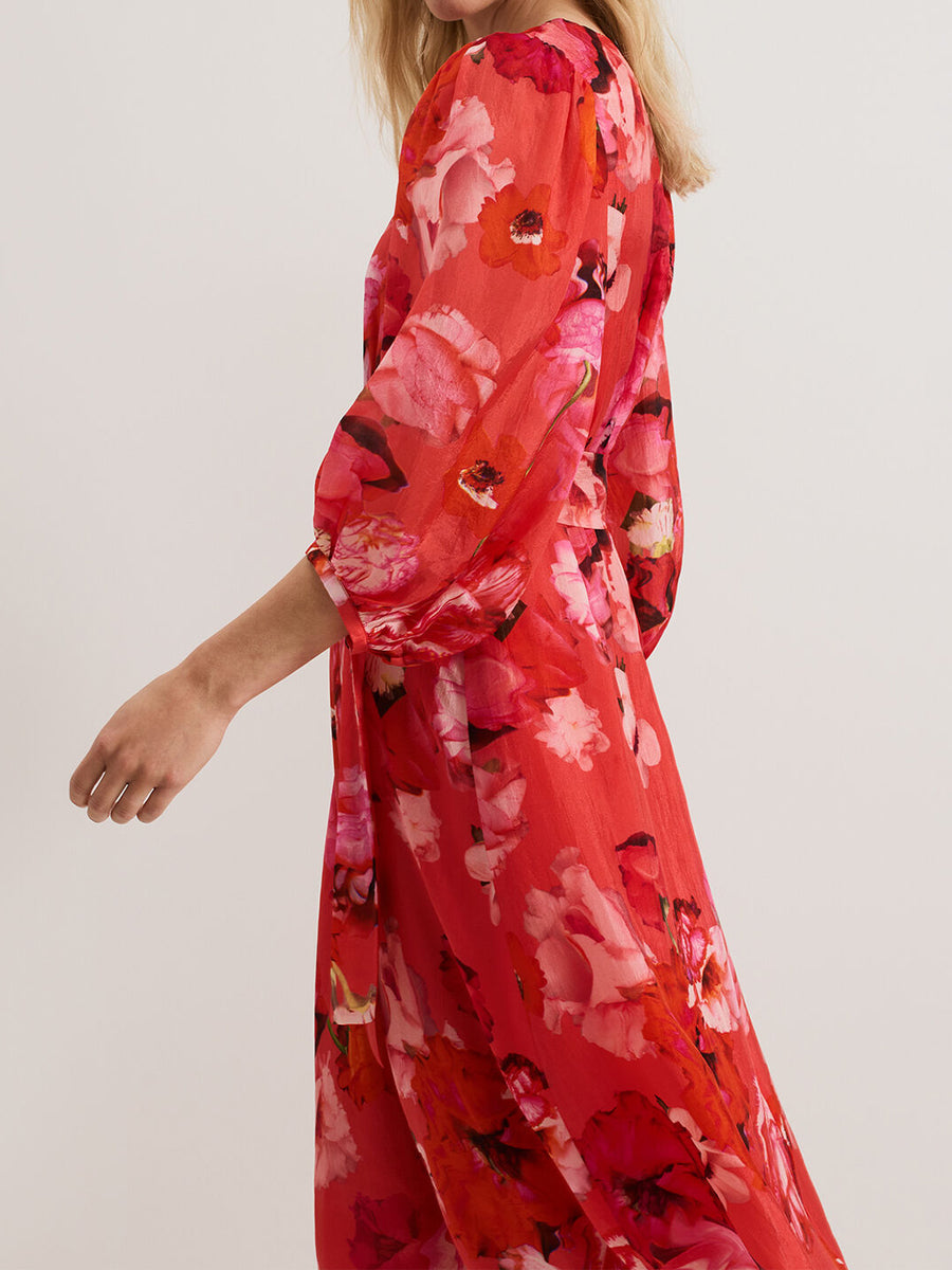 Printed V Neck Belted Midi Dress