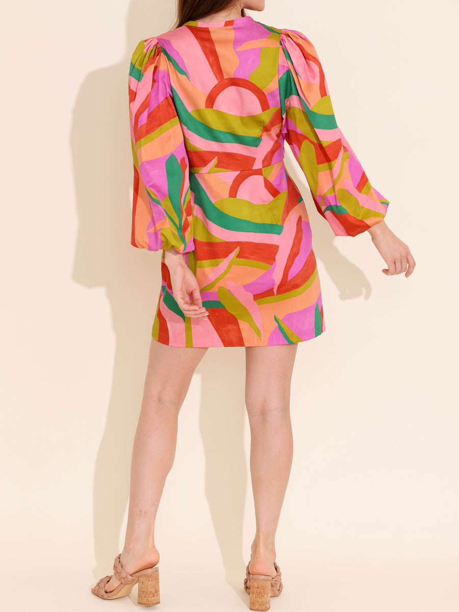 Printed Button Up Puff Sleeve Dress