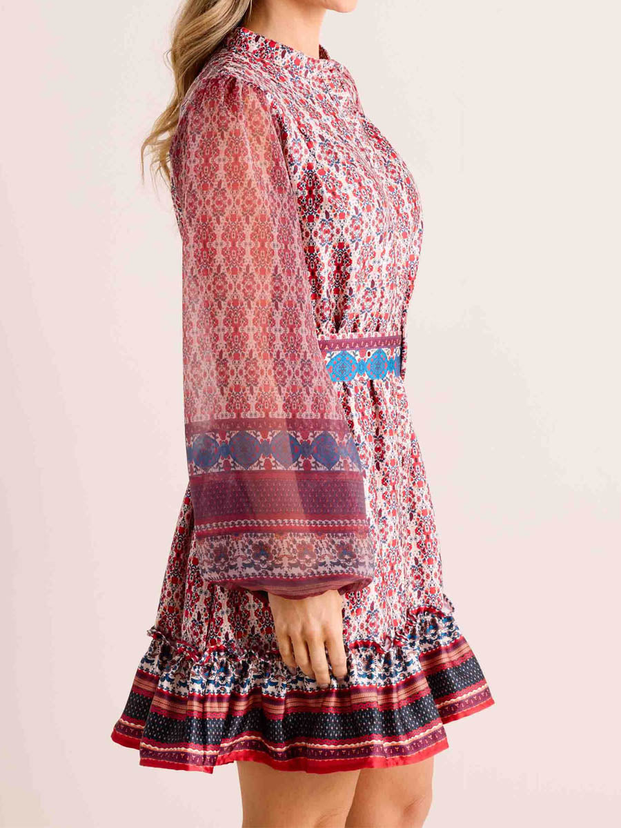 Printed Long Sleeve Belted Mini Dress