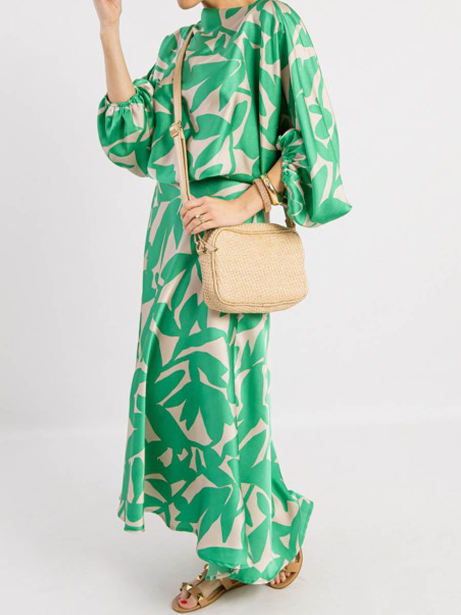 Boat Neck Elastic Waist Printed Two Pieces Dress