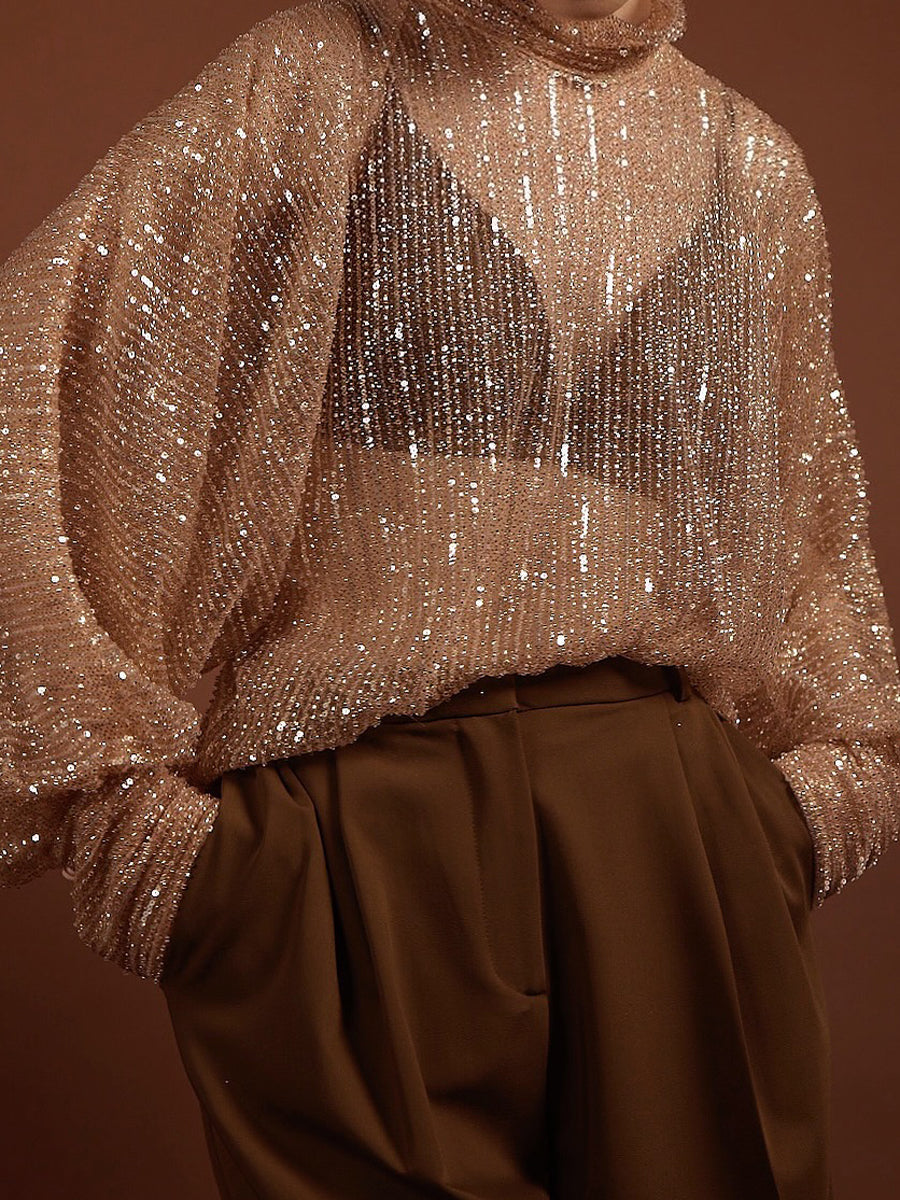 Sequined Loose High Neck Blouse