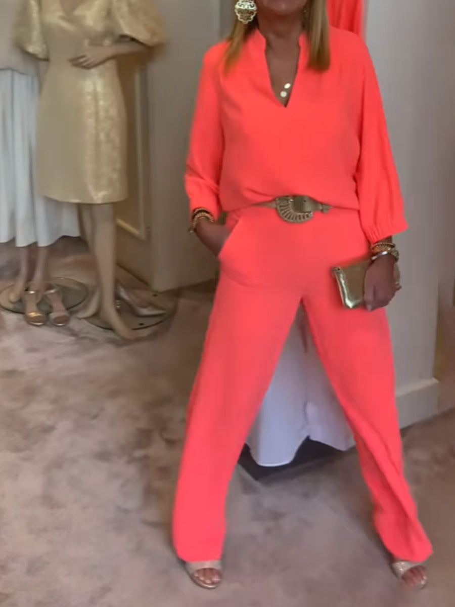 Split Neck Solid Two Pieces Set