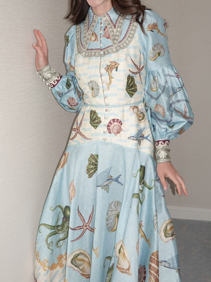 Elegant Lantern Sleeve Printed Maxi Dress