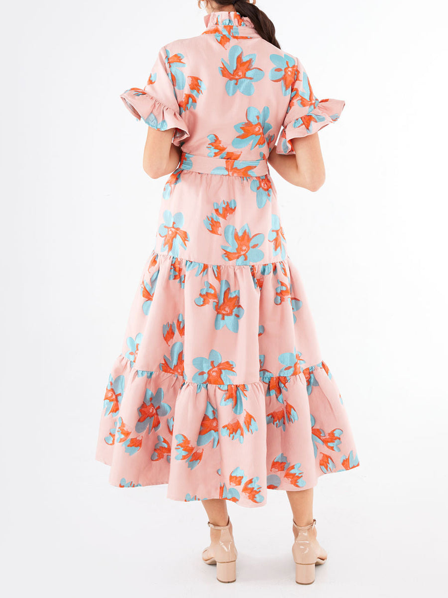 Ruffle Neck Short Ruffle Sleeve Printed Dress