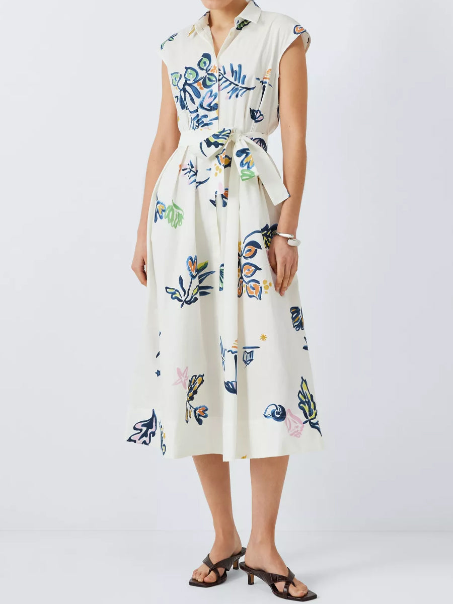Sleeveless Printed Belted Shirtdress