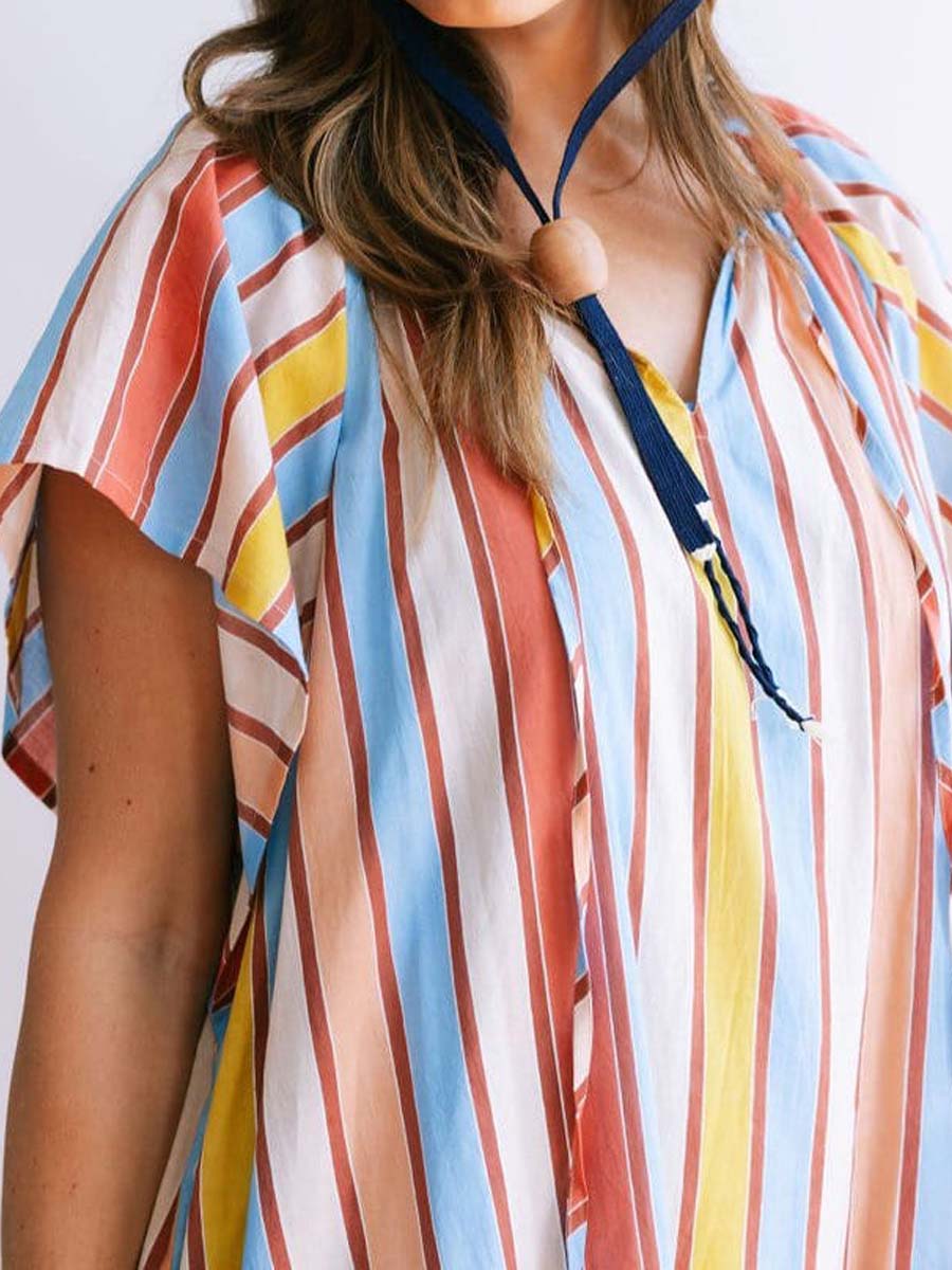 Striped Print V Neck Loose Dress