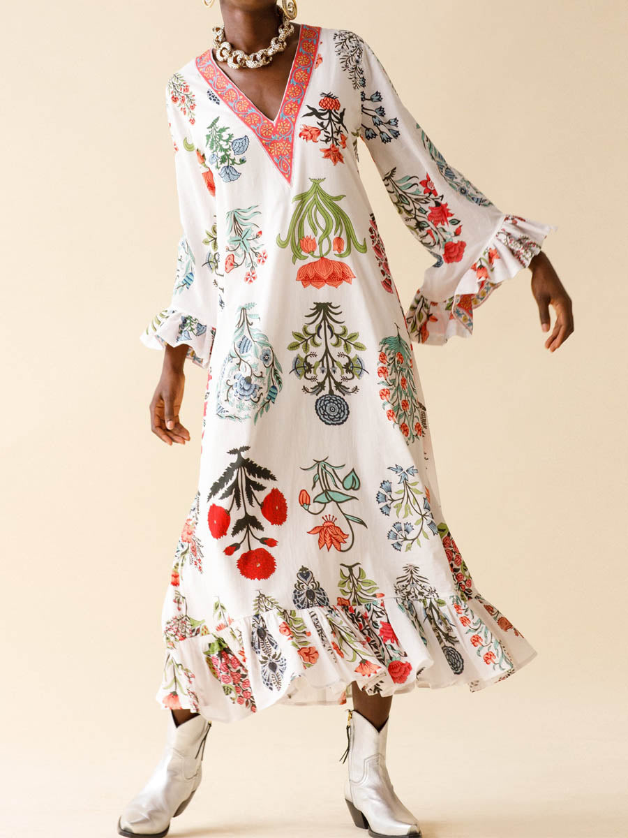 Floral Print Ruffled Cuffs V Neck Dress