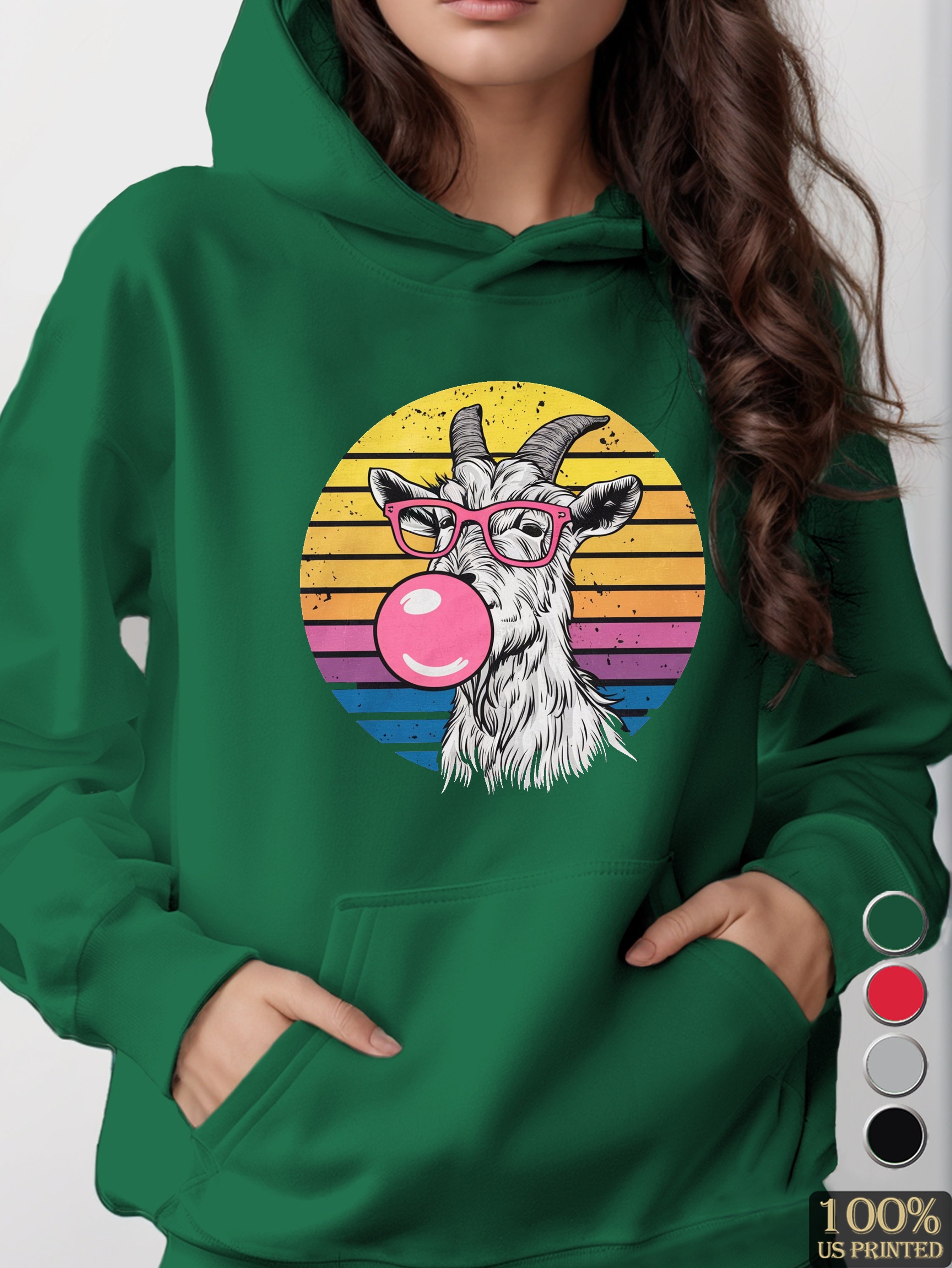 Goat wearing pink glasses women's hooded sweatshirt