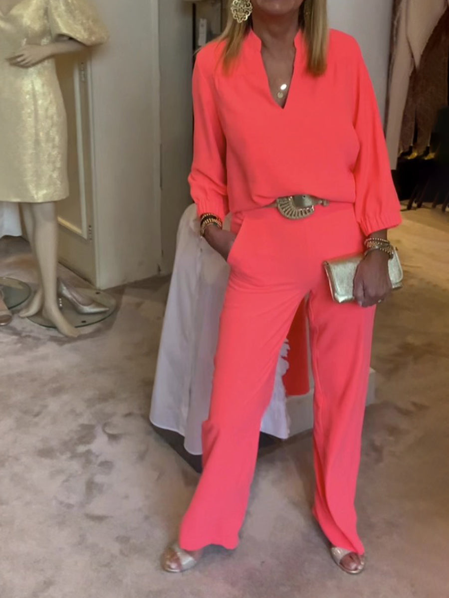 Split Neck Solid Two Pieces Set