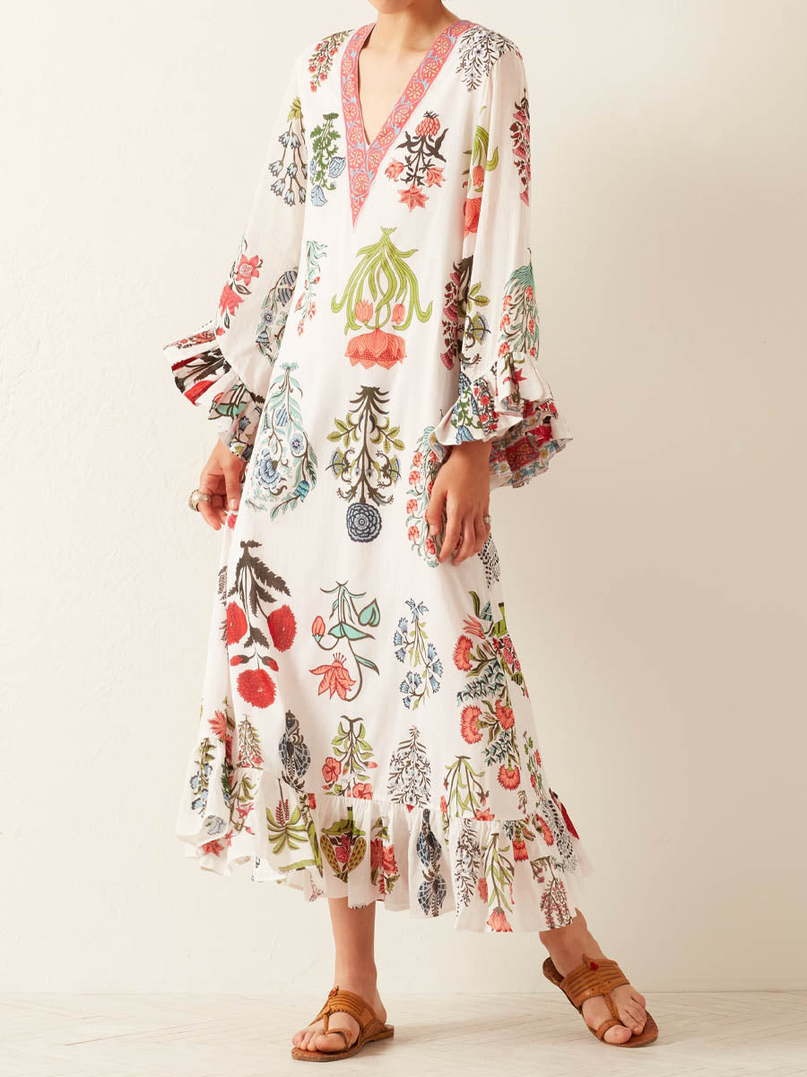 Floral Print Ruffled Cuffs V Neck Dress