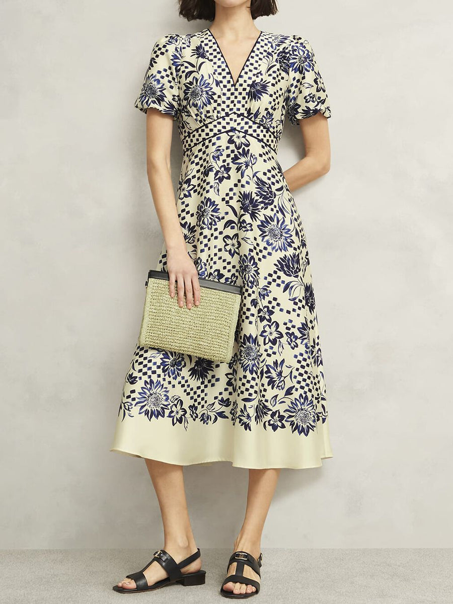 Printed V Neck Short Sleeve Dress