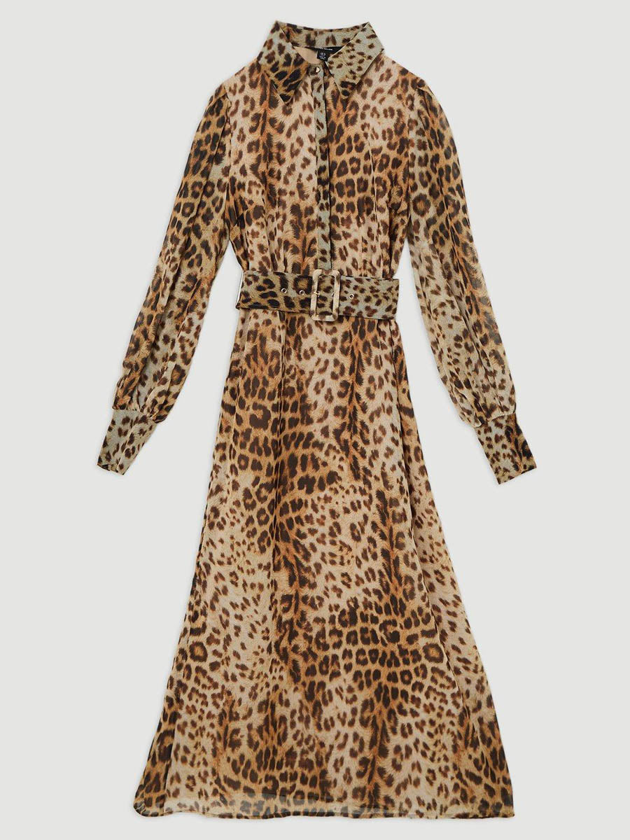 Belted Leopard Print Shirt Dress