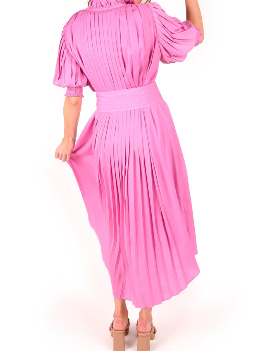 Ruffled Short Sleeve Pleated Belted Dress