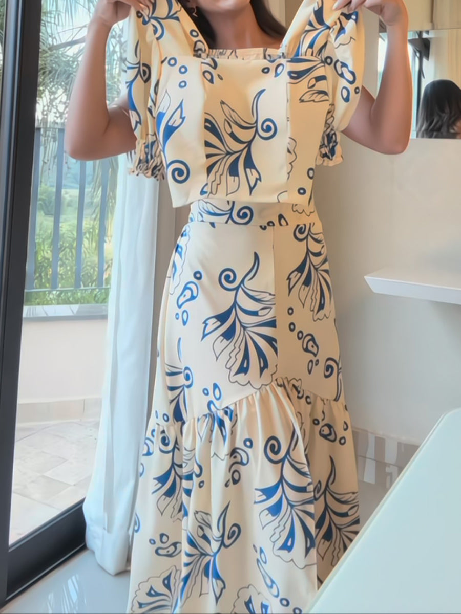 Square Collar Printed Two Pieces Dress